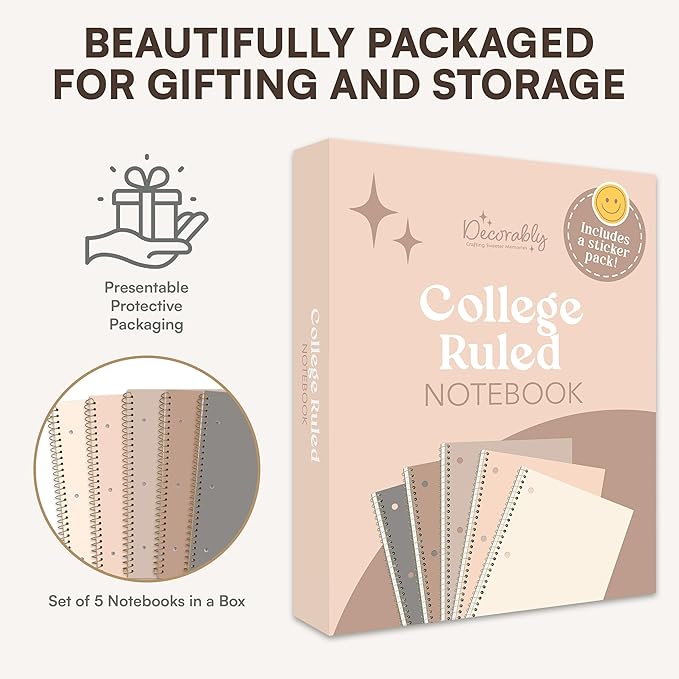 Decorably 5-Pack 140 Pages Gold Foiled Spiral Note Books College Ruled with Stickers, 8x10.5in Spiral Bound Cute College Ruled Notebook, 3-Hole Punched, Easy Tear-Off Perforated Pages - Work, School