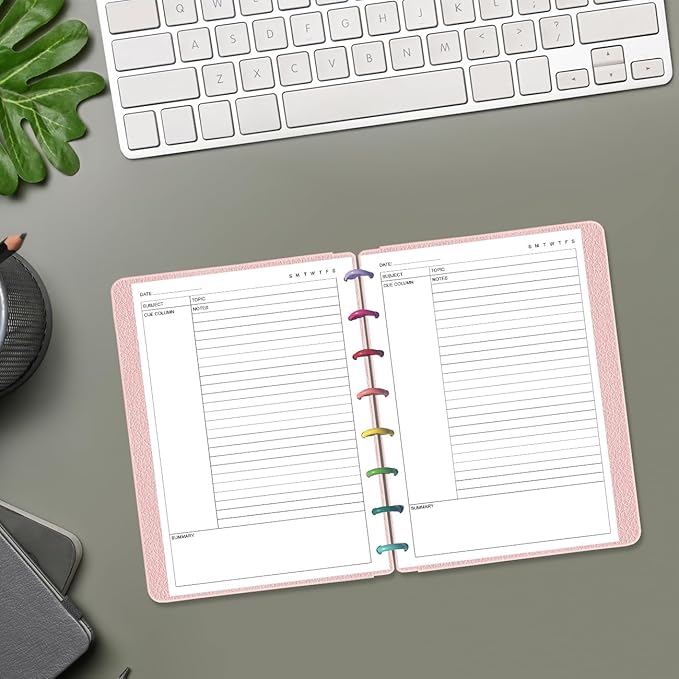 Junior Size Cornell Notes Filler Paper - A5 TUL Custom Note-Taking System 8 Disc Discbound Refill Pages, 50 Sheets/100 Pages, 100 gsm White Paper, 5.8" x 8.3"