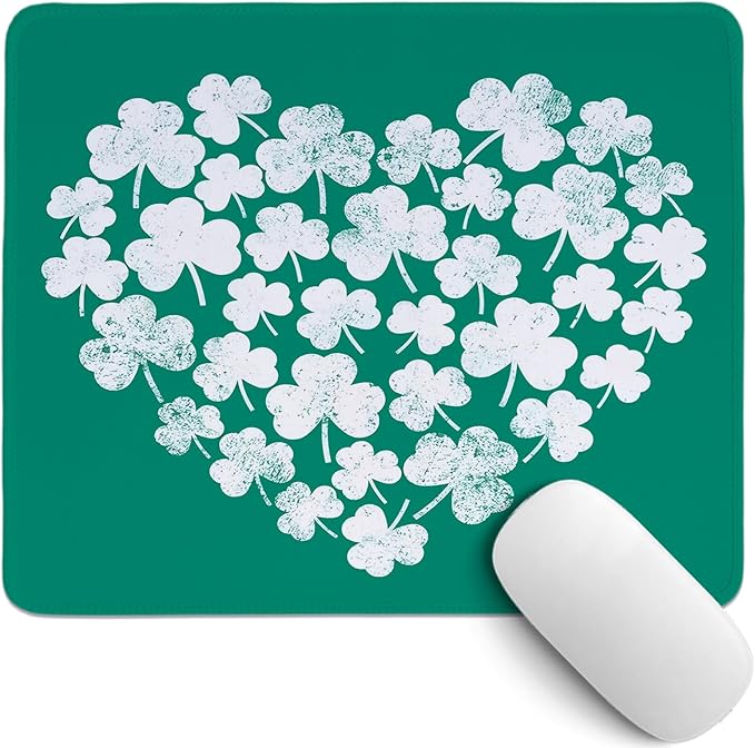 Cute St Patricks Day Mouse Pad,Green Shamrock Heart Mouse Pad,Shenanigans Desk Mat, Lucky Clover Pattern Desk Mat,for Dorm Home Office Decor,St Patricks Day Gift,10.2x8.3 Inch