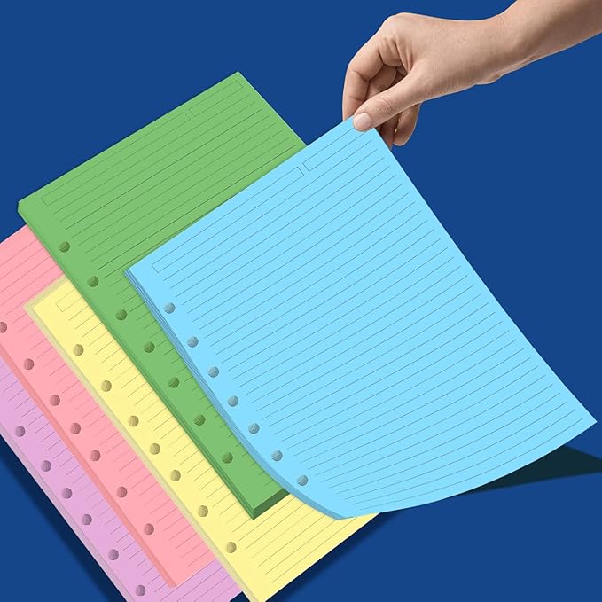 Mini Binder 5 Colorful Line Paper for 3 or 7 Ring Binders - 100 Sheets/200 Pages Loose Leaf Paper Line Refills, Per Color 20 Sheets, Desk Size 4, 5.8" x 8.5"