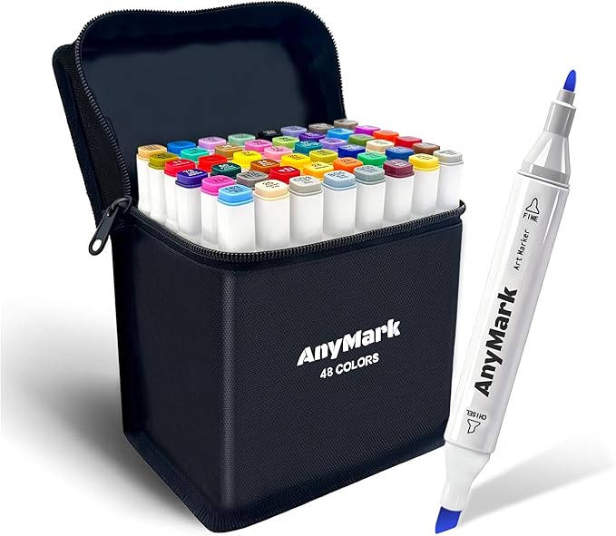 AnyMark Alcohol Markers, 80 Colors Dual Tip Art Coloring Markers Set for Adult Book Drawing Sketching Painting, Chisel & Fine, White Penholder