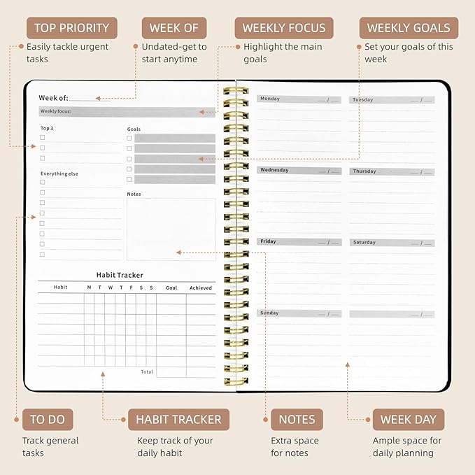 Weekly Planner Undated - 52 Weeks To Do List Notebook A5 for Work: Weekly Task, Habit Tracker Journal, Goal Setting, Agenda Sprial Bound Organizer Book Women Cute Stylish Design, Black Flower