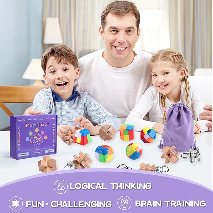 Brain Teaser Puzzles for Adults and Kids, 18Pcs Puzzle Games Set, 3D Wooden Plastic Metal Puzzle, Unlock Interlock Mind Brain Games, IQ Test Educational Toy