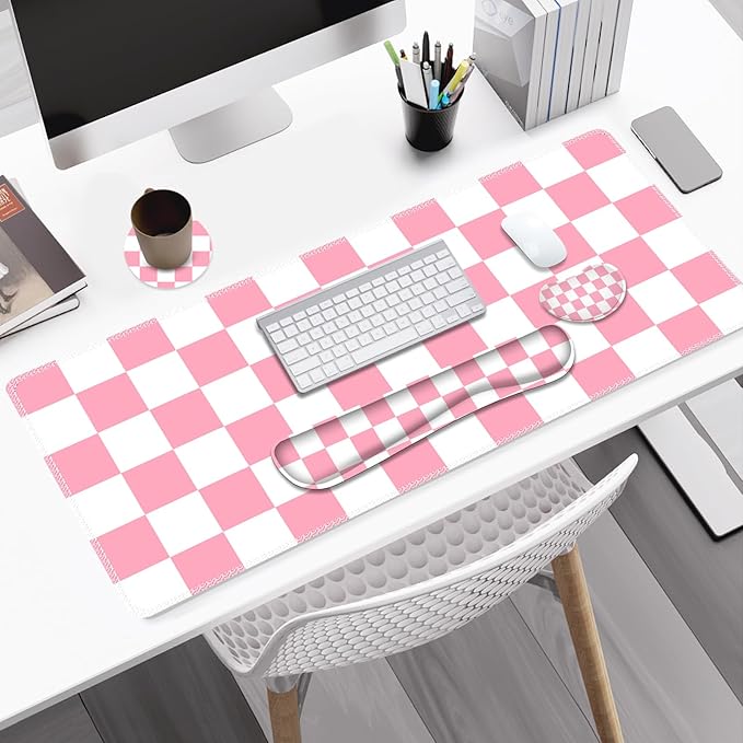Pastel Pink White Checker Mouse Pad Set, 4 in1 Ergonomics Keyboard Desk Mat with Memory Foam Wrist Rest, Extended Game Mousepad, Non-Slip Large Gaming Desk Pad Matt Easy Typing Pain Relief