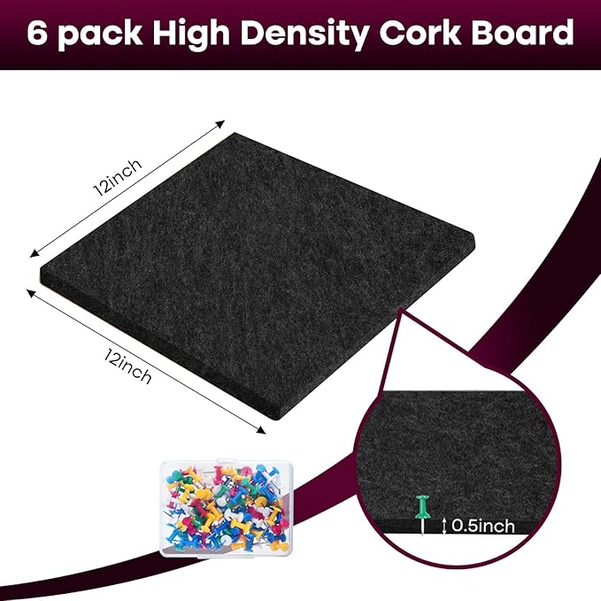 Felt Cork Board Tiles 6 Pack Black Bulletin Boards 12"x12" - 1/2" Thick Corkboards for Wall Bulletin Board Self Adhesive with 100 Push Pins for Wall School Home Office