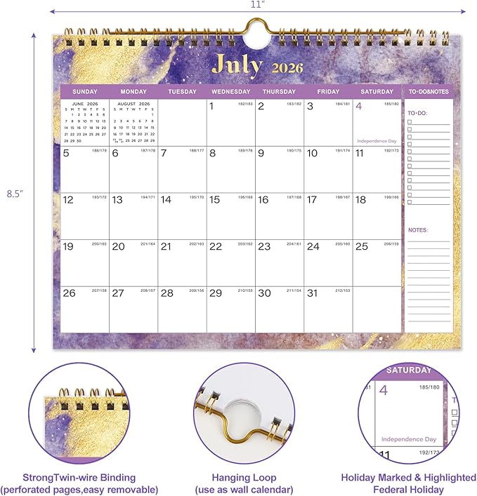 2026 Calendar - 18 Monthly Wall Calendar, July 2025 - December 2026, 8.5" x 11", Calendar 2026 with Twin-Wire Binding, Hanging Hook, Blocks and Julian Dates (2025-2026 Wall Calendar Purple)