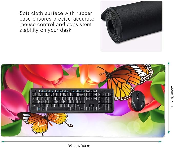 Extra Large Mouse Pads Tulip Flowers and Butterflies XXL Extended Mousepad with Stitched Edges Non-Slip Rubber Base Computer Keyboard Pad Desk Mat for Home Office Desk Decor, 35.4" X 15.7"