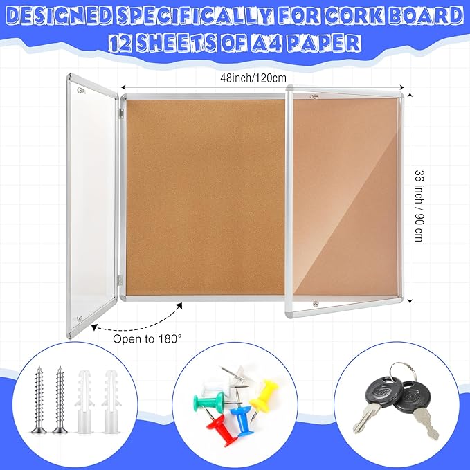 48"x36" Enclosed Bulletin Board Weather Resistant Lockable Outdoor Cork Fabric Display Board Aluminum Frame Wall Mounted 2 Locking Door for Office School Commercial 12xA4(Brown, Silver Frame)