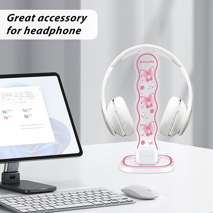 CamyCosy Headphone Stand Gaming Headset Holder for Desk,Pink Butterfly Pattern Clear Cellphone Stand Earphone Stand Desk Accessories for All Headphones Size