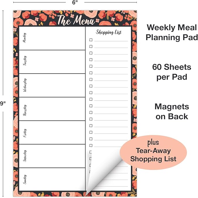 Global Printed Products 6" x 9" Vertical Meal Planning Pad, 60-Sheets, Peach & Pink Floral