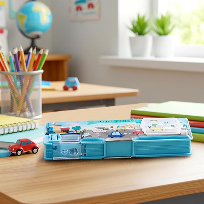 Henoyso Multifunctional Pencil Box for Boys Car Pencil Case with Calculator and Sharpener Cool Cute Pencilcase School Supplies Essentials Christmas Birthday Gift Present for Kids Teens