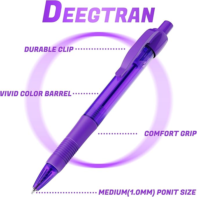 deegtran Pens Bulk, 30 Pack No Bleed Purple Ink Click Pens with Soft Grip, Wholesale Retractable Ballpoint Pens for Office School, Medium Point Smooth 1.0MM