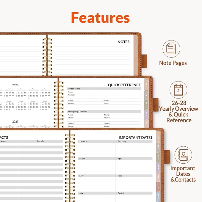 SUNEE 2026-2027 Weekly & Monthly Planner 9"x11.2" - 12 Month (July 2026 - June 2027), Vegan Leather Cover Planner Academic Year Calendar, Pocket, Notes, Monthly Tab, Brown