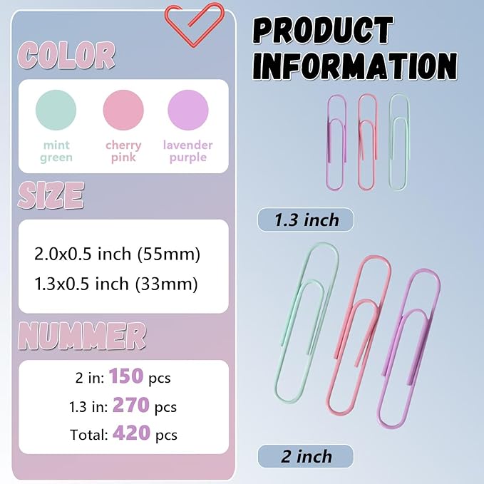 Macaron Colored Paper Clips,420 pcs Paper Clips Assorted Sizes, Large Medium(1.3 inch & 2 inch) Paperclips, Paper Clip for Paperwork Office School and Personal Use