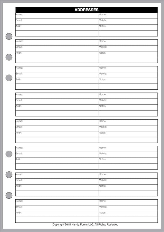 A5 Size Name & Address Refill, Sized and Punched for 6-Ring A5 Notebooks by Filofax, TMI, and others. Sheet Size 5.83"x8.27" (148mmx210mm). PLEASE CHECK YOUR BINDER TO BE SURE THIS WILL FIT.