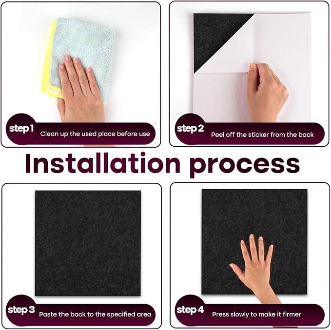 Felt Cork Board Tiles 6 Pack Black Bulletin Boards 12"x12" - 1/2" Thick Corkboards for Wall Bulletin Board Self Adhesive with 100 Push Pins for Wall School Home Office