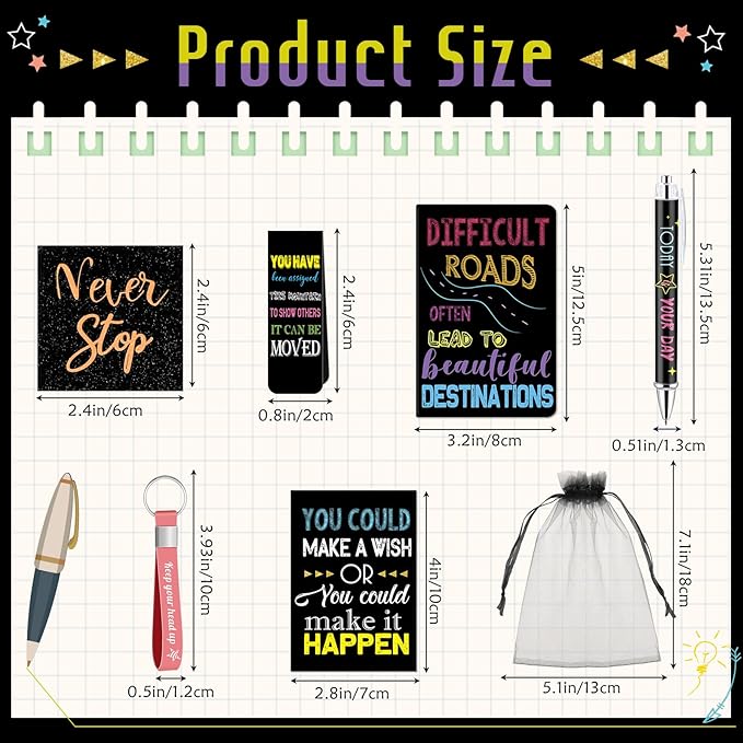 Pasimy 218 Pcs Inspirational Stationery Gifts Motivational Mini Notepad Pen Quote Bookmarks Stress Relief Stickers Inspiring Silicone Keychains for Home Office Appreciation Gift(Dark)