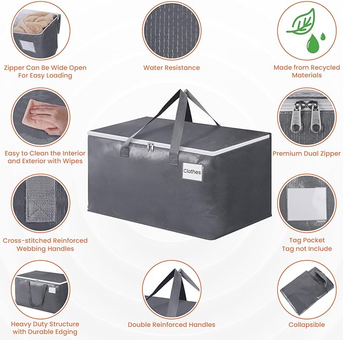 BlissTotes Large Moving Boxes and with Zippers & Handles Moving Supplies with lids, Heavy Duty Totes for Storage Bags for Space Saving, Fold Flat, Moving and Storing 76L, 6 Pack