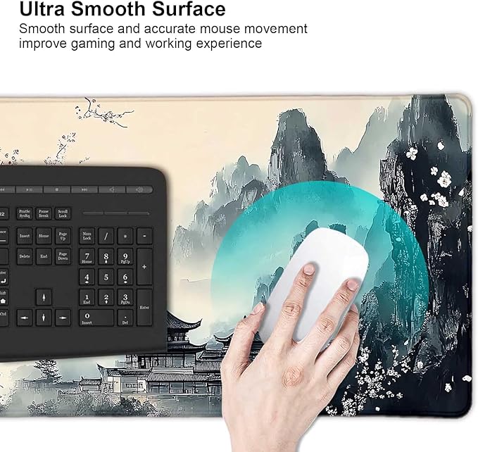 Japanese Cherry Blossom Large Mouse Pad, Desk Mat Computer Keyboard Pad Non-Slip Rubber Base Waterproof with Stitched Edges for Laptop Gaming, Office & Home 31.5 x 11.8 Inch