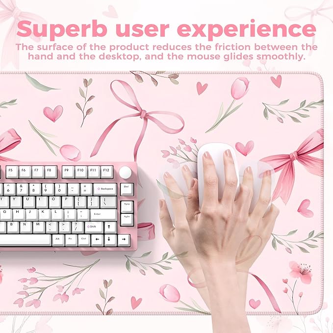 iCasso Pink Desk Mat,Cute Desk Pad for Women,Girly Bow Mousepad with Stitched Edges,Non-Slip Large Computer Mat for Study Gaming Home Office
