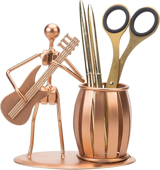 MyGift Pen Holder for Desk, Decorative Pencil Cup with Guitar Design, Accessories & Decor for Men, Gunmetal Gray Metal Desk