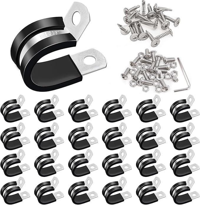 Taiss 50PCS 3/8 Inch Cable Clamps 304 Stainless Steel Rubber Cushion Insulated Wire Clamps,Pipe Clamps,Loop Clamps,Hose Clamp,Metal Rubber Clips With Two Kinds Of Screws(10mm) F-098-10mm