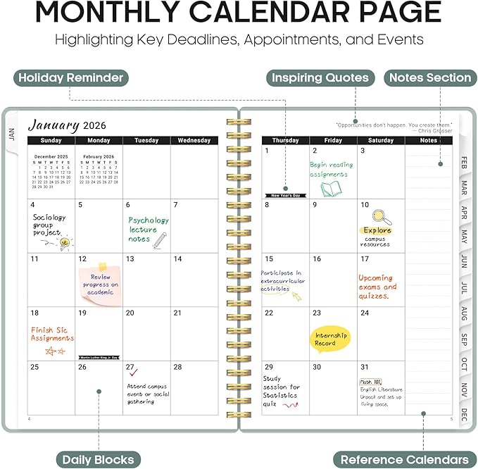 2026 Planner, Weekly and Monthly Calender Planner, Jan 2026 to Dec 2026, Hardcover 2026 Calendar Book with Tabs & Inner Pocket, Office Home School Supplies for Women & Men - A5 (6.3" x 8.5"), Dusty Blue