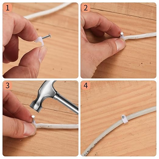 700 Pcs Cable Clips with Steel Nails, Cable Wire Cord Management Clips, White Ethernet Cable/Coax Cable/Cable Cord Holder Staples Clips with Tacks Nails for Wall, 4mm 5mm 6mm 8mm 10mm