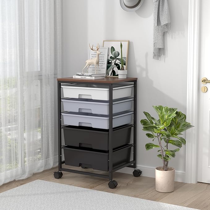 Utility Cart with 5 Drawers,Storage Drawer Cart with Wooden Tabletop and Lockable Wheels,Craft Storage Trolley Cart,5-Tier Rolling Utility Cart on Wheels,Dark Grey