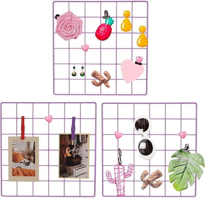 PATIKIL 12x12 in Wall Grid Panel, 3 Pack Wire Grid Panel Shelf Board Metal Gridwall Photo Pictures Display Hanging Organizer Mesh Frame Memo Board for Display DIY Craft Shows Home, Purple