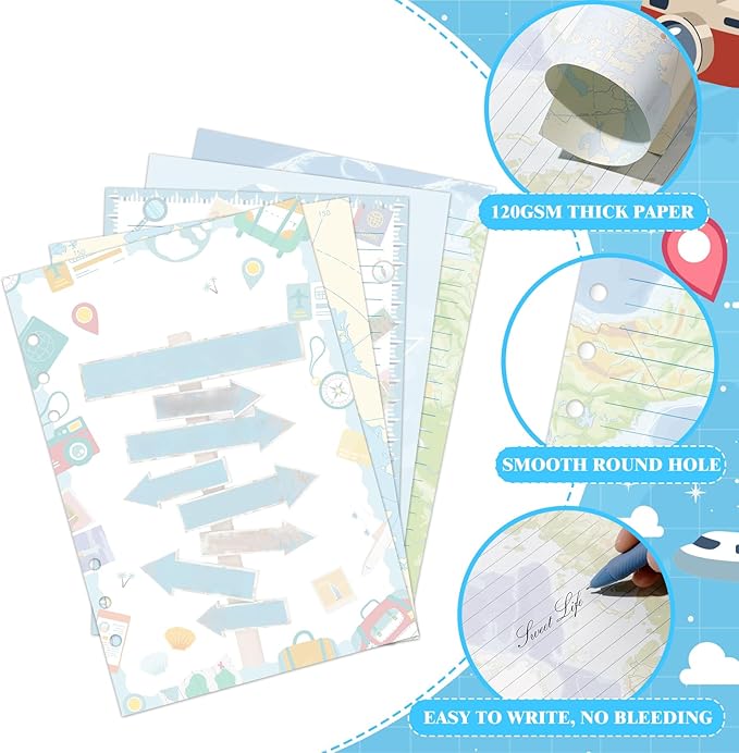 100 Sheets A5 Planner Inserts - 120GSM Thick Travel Refill Papers for A5 6-Ring Binder, Cute World Map Loose Leaf Sheets for Journal Diary Notebook Creative Planning Budget