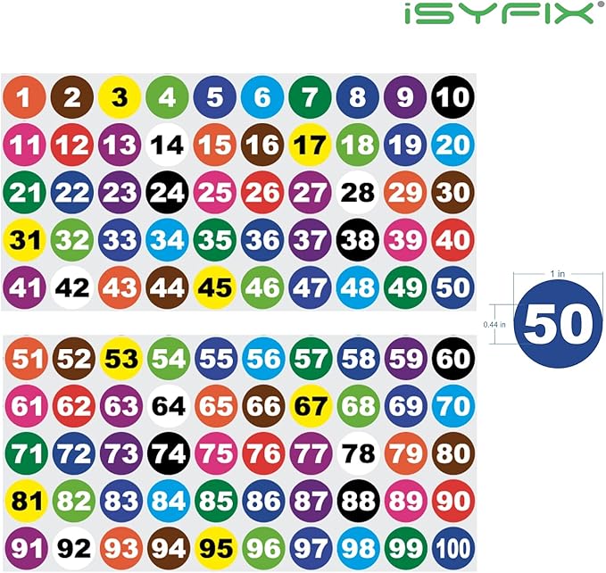 iSYFIX Multicolor Consecutive Number Stickers – 1 to 100, 1-inch, 1 set – Vinyl Self Adhesive Premium Decal, Ideal for Inventory, Storage, Organizing, Boxes, Toolbox, Lockers & More, Indoor/Outdoor