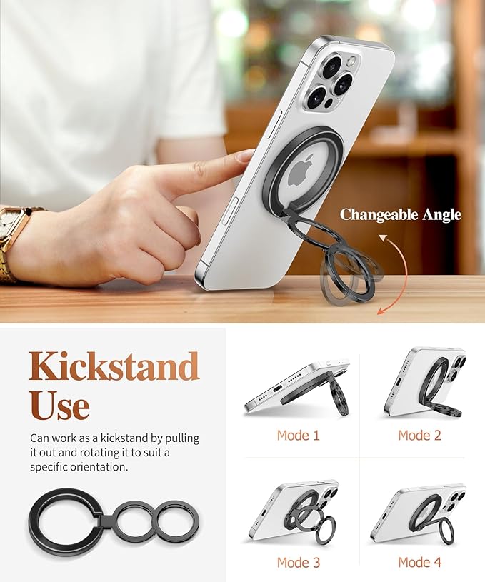 GVIEWIN Magnetic Phone Ring Holder, Compatible with MagSafe Phone Grip with Adjustable Stand, Magnet Phone Ring Kickstand for iPhone 17/16/15/14/13/12 Pro Max Plus Air/Other Phones (Clear/Black)