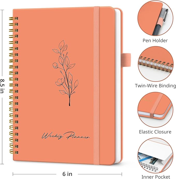 Undated Weekly Planner, Weekly To Do List Notebook with Goal & Habit Tracker Organizer, A5 Weekly Planner Notebook with Spiral Binding, 6.1" x 8.2" - Coral