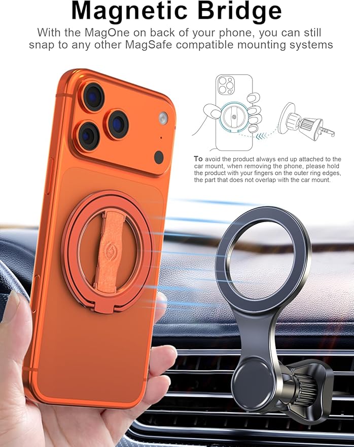 EWA MagOne 3rd Gen [Compatible with MagSafe] Phone Grip Stand with Finger Strap, Removable Magnetic Ring Holder Kickstand Loop for iPhone 17,16,15,14,13,12 Series (Cosmic Orange)