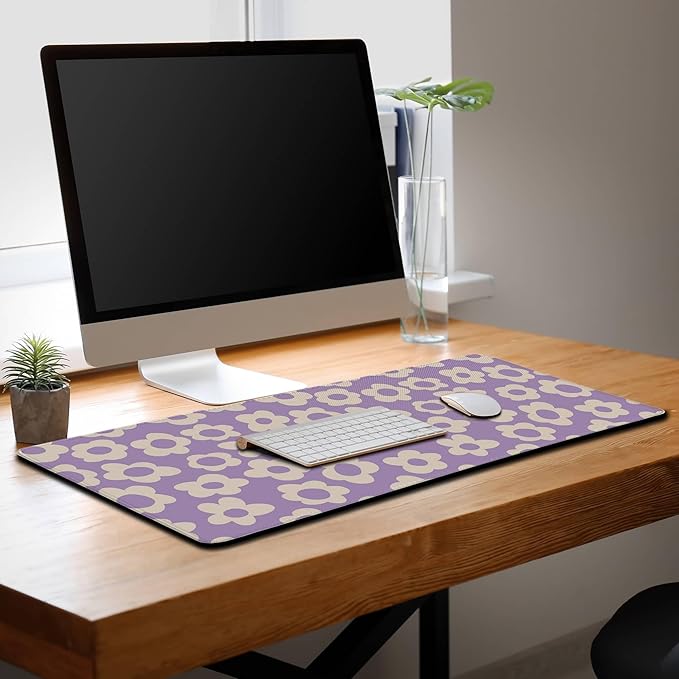 Gaming Mousepad Purple Girl Boss Office Decor Desktop Mats Desk Stuff for Woman Large Mouse Pad XXL Mats Non-Slip Rubber Base 35.4" X 15.7" for Game Office, Vintage Groovy Flowers