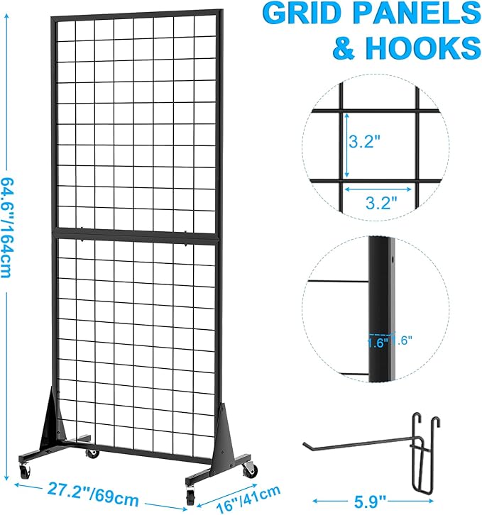 2-Pack Gridwall Panel Display Stand, 2'x5.5' Heavy Duty Floor Standing Rack with Detachable Girdwall, Movable Silent Wheel, Easy to Transport, Ideal for Retail & Craft Fairs