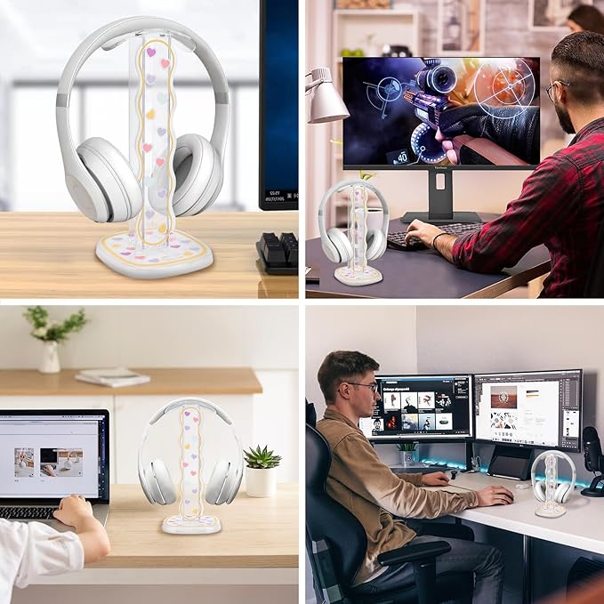 CamyCosy Headphone Holder for Desk, Gaming Headset & Earphone Stand - Clear Love Hearts Pattern Desk Accessory