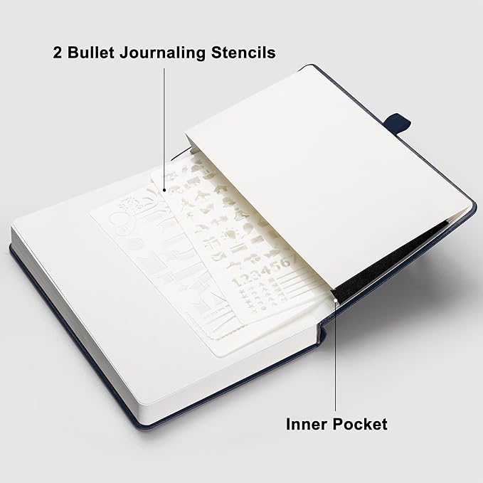 RETTACY Dotted Journal Notebook, 192 Pages, A5 Medium Size (5.7'' x 8.3''), Leather Hardcover, 100 GSM Thick Paper, for Bullet Journaling, Planning, Tracking (Navy Blue)