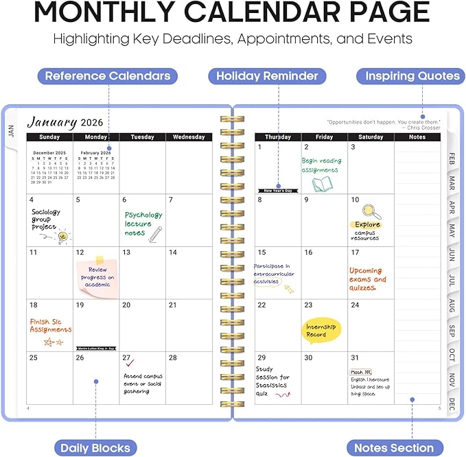 2026 Planner, Weekly and Monthly Calender Planner, Jan 2026 to Dec 2026, Hardcover 2026 Calendar Book with Tabs & Inner Pocket, Office Home School Supplies for Women & Men - A4 (8.5" x 11"), Lavender