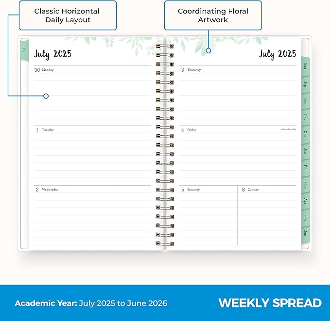 Blue Sky Weekly and Monthly Academic Year Planner Calendar, July - June, Flexible Cover, Wirebound, Laminated Tabs, Laurel (Laurel- 2025/2026, 5" x 8")