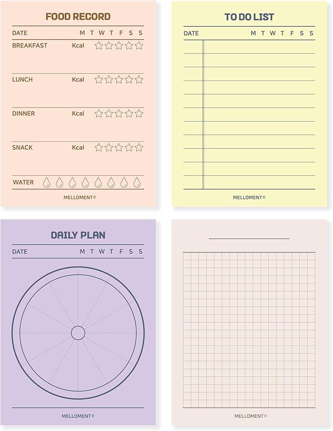 Day By Day Mini Planner Pads, Aesthetic Korean Style Tear-off Planning Pad, Pack of 4 Designs, 100 Sheets each design (Total 400 Sheets), Lovely Assorted Color, Portable Size 3.15 x 4.13", SET_D [ To Do List + Daily Plan + Food Record + Grid Memo Pad ]