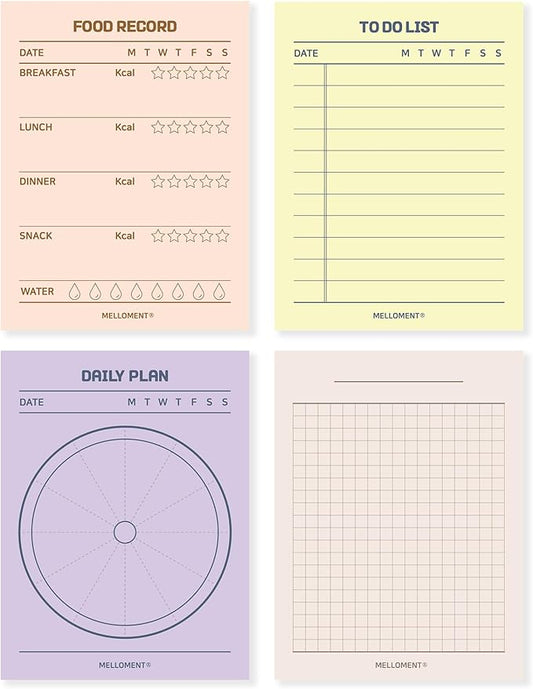 Day By Day Mini Planner Pads, Aesthetic Korean Style Tear-off Planning Pad, Pack of 4 Designs, 100 Sheets each design (Total 400 Sheets), Lovely Assorted Color, Portable Size 3.15 x 4.13", SET_D [ To Do List + Daily Plan + Food Record + Grid Memo Pad ]