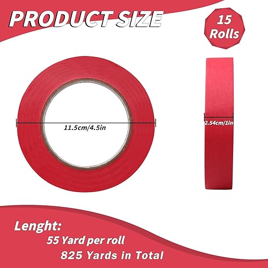 15 Rolls Red Painters Tape Bulk 1 inch x 825 Yards, Painters Masking Tape No Residue Wall Painting Tape Artist Tape Trim Edge Finishing Tape for Wall Painting Decoration DIY Supplies