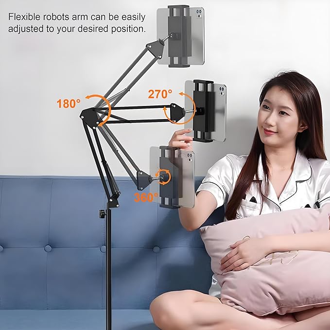 Tablet Floor Stand with 7.2 lb Weight, Overhead Bed Phone Mount Height Adjustable Arm Stretchable Stand Holder, Compatible with iPad mini Air Pro, Galaxy Tab, Kindle, Switch, Cell Phones