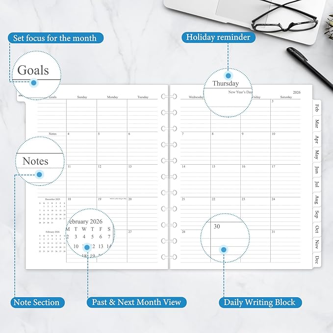 2026 Monthly Planner Refill, A4 Letter Size Planner Inserts for 11-Disc Discbound, 8.5"x11", Jan. 2026 - Dec. 2026, 12 Monthly Calendars with Laminated Tabs