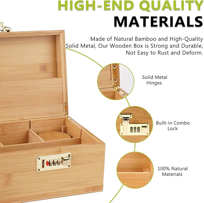 OZCHIN Large Bamboo Box with Combination Lock Decorative box for Home Great Gift Choice Storage Lockbox with Storage Jar, Christmas Gifts for Men Women