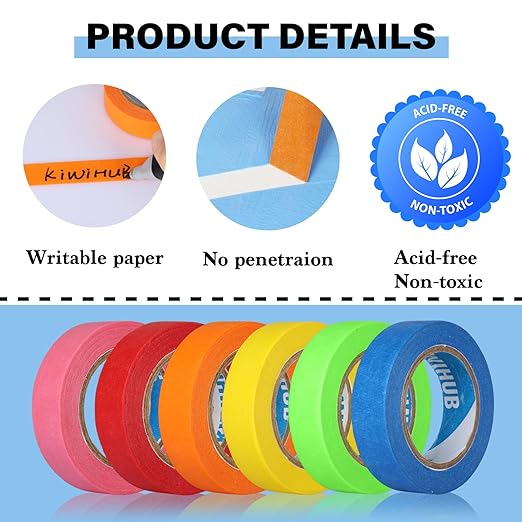 Colored Masking Tape, Colored Painters Tape, 6-Pack,0.6" x13Yard Kids Craft Supplies Colored Tape, Craft Tape,Labeling Tape, for DIY Decorative, Art Supplies, Office or Teaching Supplies