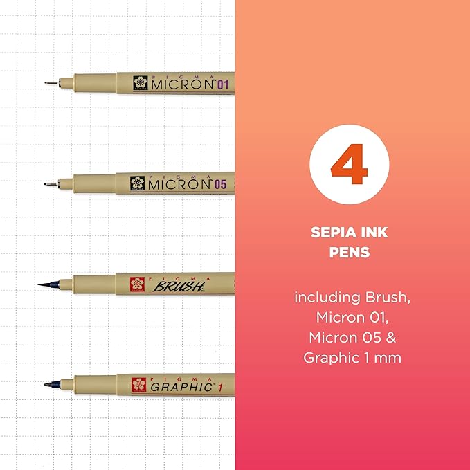 SAKURA 50040 4-Piece Pigma Drawing Brush Pen Set, Sepia