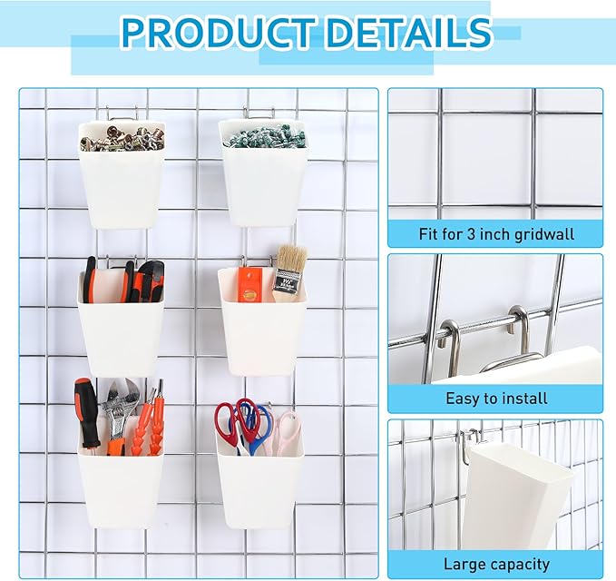 6 Pack Large Gridwall Cups Gridwall Storage Bin with Hooks Hanging Baskets Square Box Shape Hanging Cup Holder Gridwall Accessories for Garage Workbench Office Playroom Home Kitchen(White)